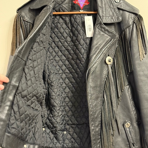 Verducci size 38 black leather fringe moto jacket skull buttons - Picture 4 of 15